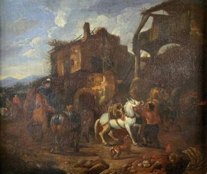  Pieter van BLOEMEN (1657-1720) "La Halte des cavaliers à la forge du maréchal-ferrant"....