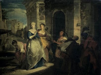 null Nicolas VLEUGHELS (1668-1737)
Femmes italiennes autour d'une fontaine.
Panneau...