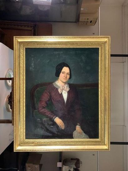  DUQUESNE (XIXe siècle) Portrait de femme sur un canapé, 1846. Huile sur toile signée...