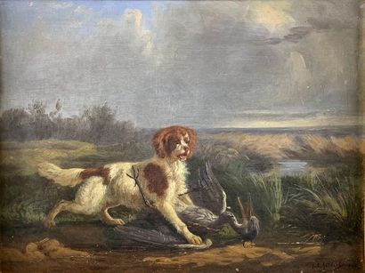  Jules Bertrand GÉLIBERT (1834-1916) Dog chasing a heron, 1855. Oil on canvas signed...