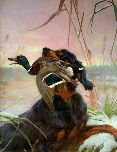Gaston GELIBERT (1850-1931) Dog bringing...