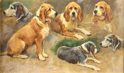  Georges Frédéric ROTIG (1873-1961) Etudes de chiens, 1894. Oil on canvas mounted...