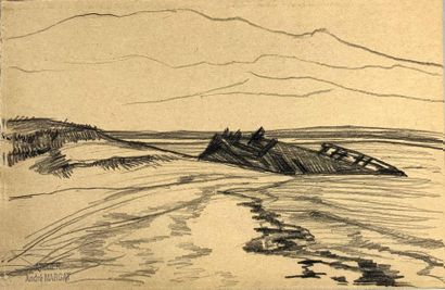 null André MARGAT (1903-1999)
Etudes de bateaux et paysages.
Quatre dessins au crayon...