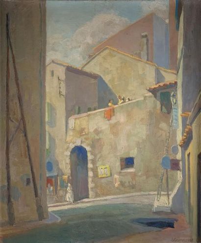 null Louis AZÉMA (1876-1963)
La ruelle, 1958.
Huile sur isorel signé en bas à droite...