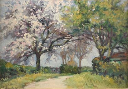 null ISSANCHOV (20th century)
Cherry blossoms. 
Oil on cardboard signed lower left....