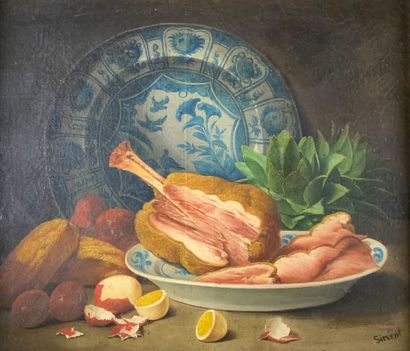 null SIRVENT (XXe siècle)

Nature morte au jambonneau et aux œufs écalés.

Huile...