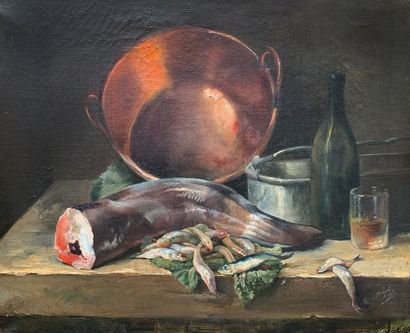 null Ecole française du XIXe siècle

Nature morte aux poissons et cuivre.

Huile...