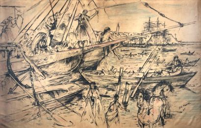 null 
Jean-Gaston MANTEL (1914-1995)
Au port, 1991.
Plume, encre de Chine et crayons...
