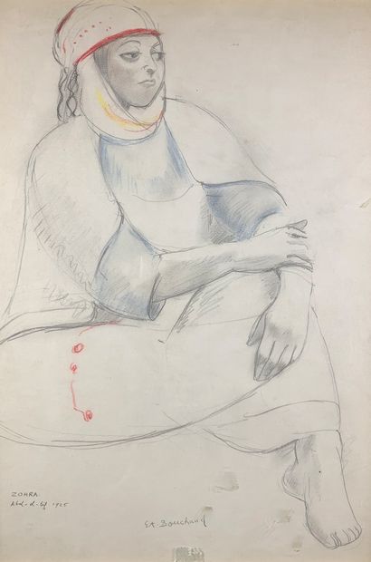 null 
Etienne BOUCHAUD (1898-1989) 
Zohra, 1925. 
Dessin aux crayons de couleurs...