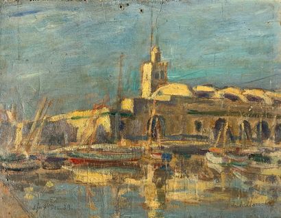null 
Jules LELLOUCHE (1903-1963)
Le port de Sfax, 1939.
Huile sur panneau signé...