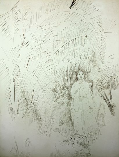 null 
Jean LAUNOIS (1898-1942)
Jeune femme au jardin d'essai à Alger. 
Dessin à l'encre...