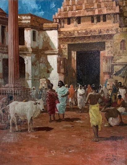 null 
John GLEICH (1879-?) 
Fidèles et vaches sacrées devant le temple de Puri 
Huile...