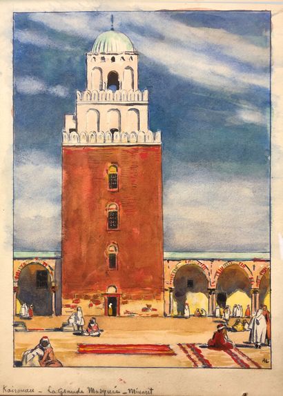 null 
Auguste LEROUX (1871-1954)
Le minaret de la grande mosquée de Kairouan. 
Aquarelle....