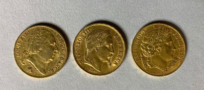 null Lot de trois pièces de vingt francs or au profil de Louis XVIII, 1824 ; de Cérès,...