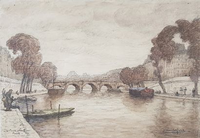 null Jean LEFORT (1923) 

"Le pont neuf, Paris."

Aquarelle sur traits de crayon...