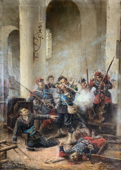 null Charles MERLETTE (1861-1899)

Le combat dans l'église.

Huile sur toile signée...