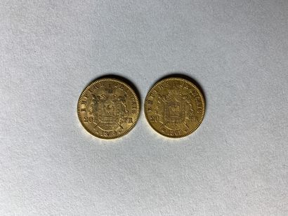 null Lot de deux pièces de vingt francs or au profil de Napoléon III lauré, 1864...