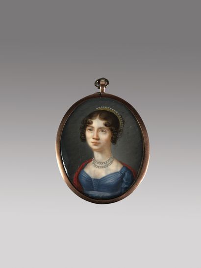 null Ecole française vers 1800 

Portrait de femme au diadème de perles. 

Miniature...