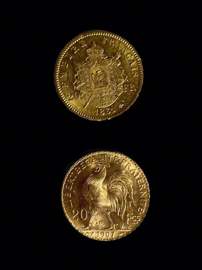 null Lot de deux pièces de vingt francs or au profil de Napoléon III lauré, 1861,...