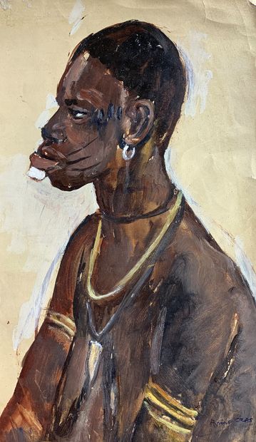 null Monique CRAS (1910-2007) 

"Femme bobos, Bobo Dioulasso, Côte d'Ivoire". 

Gouache...
