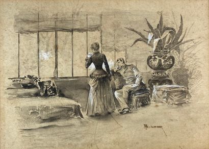 null François SCHOMMER (1850-1935)

Conversation au jardin d'hiver.

Encre et lavis...