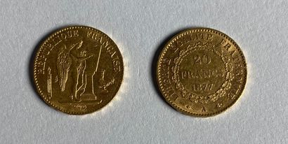 null Lot de deux pièces de 20 francs or au génie de la liberté, 1874 et 1877.