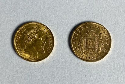 Lot de deux pièces de 20 francs or au profil...