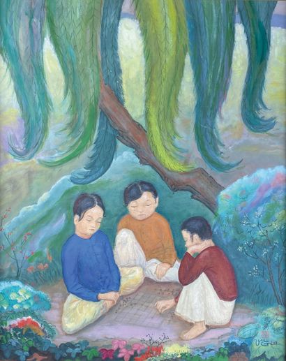 null VU - GIA (1900-1976) 

Enfants assis jouant. 

Peinture sur soie signée et cachet...