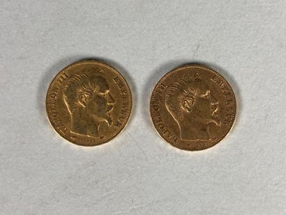 null Deux pièces de 20 francs or au profil de Napoléon III, 1855 et 1857.