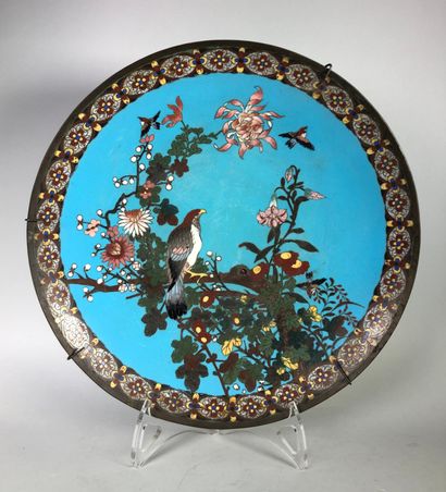 null Plat circulaire en bronze cloisonné à décor d'oiseau branché. 

Japon, XIXe...