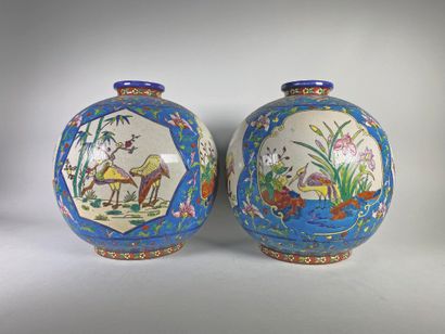 null LA LOUVIERE

Pair of cloisonné and polychrome enamelled earthenware vases with...