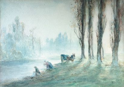  Henri Louis FOREAU (1866-1938) 
Washerwomen. 
Watercolor signed lower left. 
View:...