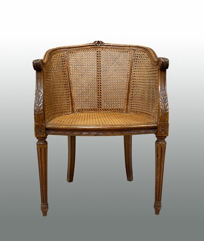 null Double caned desk armchair in beech wood carved with flowers, acanthus leaves...