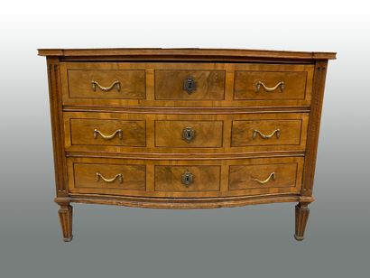 null Curved chest of drawers in walnut and wood veneer opening with three drawers,...