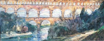  William Slocum DAVENPORT (1868-1938) 
Pont du Gard. 
Huile sur toile signée en bas...