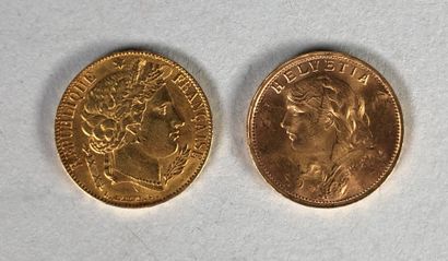null Deux pièces de 20 francs en or, une suisse de 1935 et une Cérès 1851.