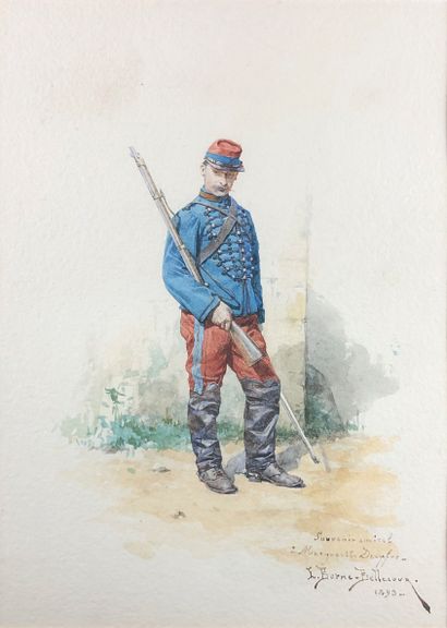  Jean Jacques BERNE-BELLECOUR (1874-1939) 
Cavalerie légère, chasseur, 1893. 
Aquarelle...