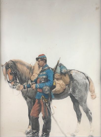  Edouard DETAILLE (1848-1912) 
Cavalier du 2e hussards. Second Empire. 
Lithographie...