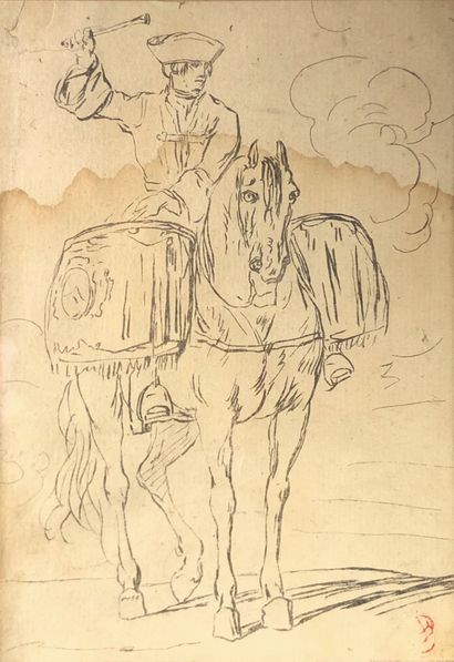  Charles PARROCEL (1688-1752) (Attribué à) 
Le tambour à cheval. 
Plume et encre...