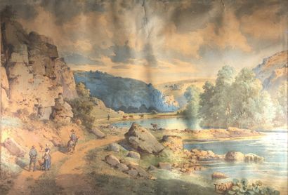  Charles PENSEE (1799-1871) 
Dans la vallée. 
Aquarelle signée en bas à gauche (importante...