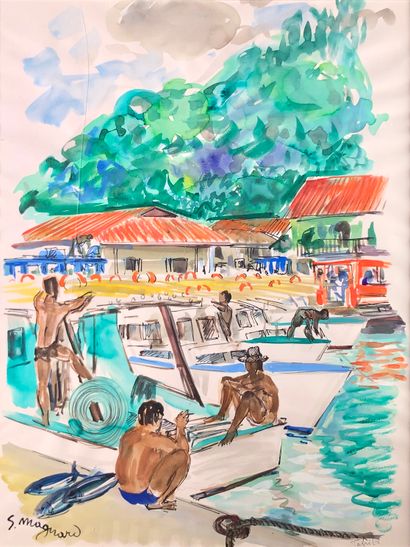 null Stéphane MAGNARD (1917-2010)

Bateaux à quai à Tahiti.

Aquarelle signée en...