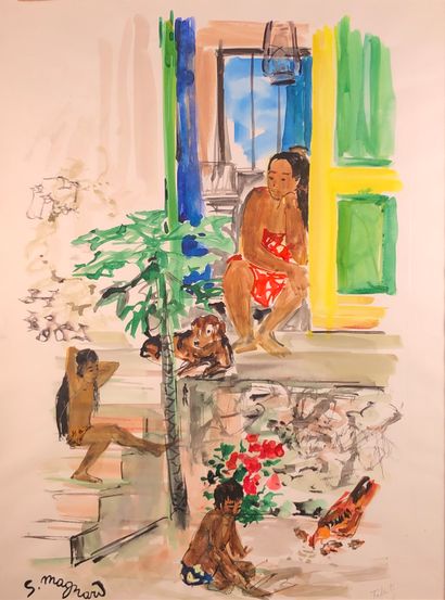null Stéphane MAGNARD (1917-2010)

Femme et enfants devant la maison à Tahiti.

Aquarelle...