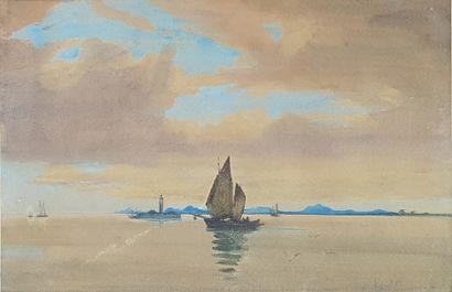 null 
French school of the 19th century

Sailboat at sunset.

Watercolor signed "Daubigny"...