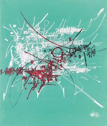 null Georges MATHIEU (1921-2012)
Composition sur fond vert.
Eau forte en couleurs...