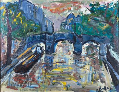 null Roland DUBUC (1924-1998)
Le pont neuf à Paris.
Huile sur papier marouflé sur...