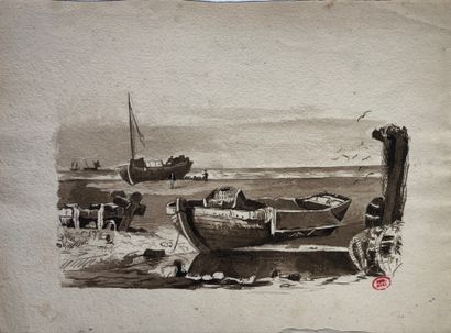null Paul HUET (1803-1869)
Les bateaux à marée basse.
Encre brune.
Cachet de l'atelier...