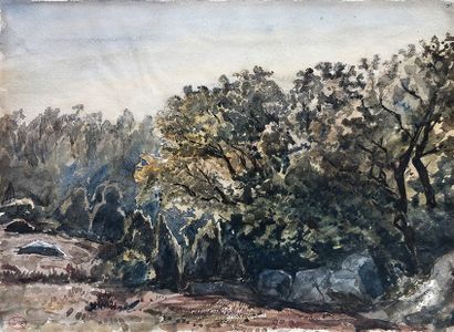 null Paul HUET (1803-1869)
En forêt de Fontainebleau.
Aquarelle. 
Cachet de l'atelier...