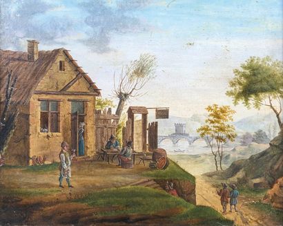 null Dutch school of the 18th century
Animated tavern in a landscape.
Painting on...