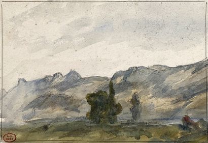 null Paul HUET (1803-1869)
Paysage d'Isère.
Aquarelle sur papier. Cachet de l'atelier...