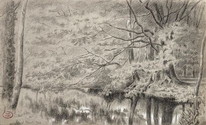 Paul HUET (1803-1869)
Reflets dans la clairière.
Crayon...